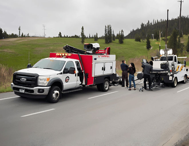 A tow truck parked by the roadside, with a news reporter and camera crew nearby.