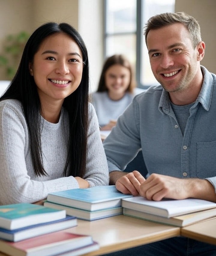 student and tutor working together at a desk with books and a laptop
