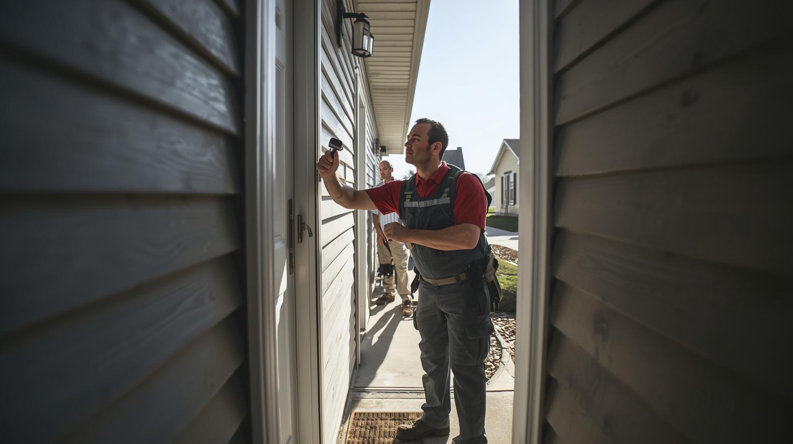 Pest control technician inspecting home exterior while homeowner watches on sunny morning.